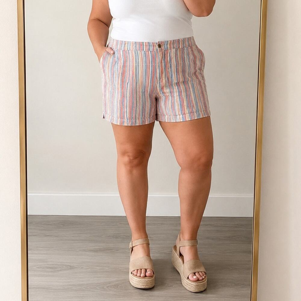Old Navy🌿 Everyday High Rise Linen Blend Stripe Shorts Women's Size 14 Coastal